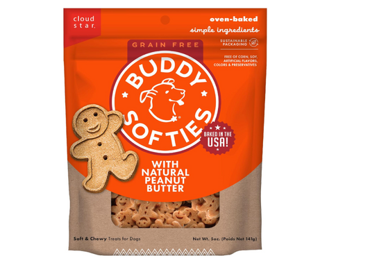 Buddy Softies dog treat package with orange and brown design on a white background